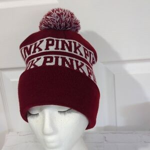 EUC PINK BEANIE POM POM HAT , BURGANDY